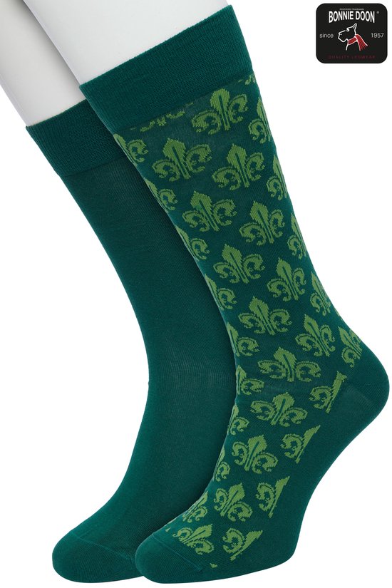 Bonnie Doon Heren Sokken set Donker Groen maat 40/46- 2 paar - Effen - Lelie Bloem - Print - Gladde Naden - Brede Boord - Uitstekend Draagcomfort - 2-pack - Multipack - Effen - Fleur de Lis - Donkergroen - Trekking Green - OL2225022.380