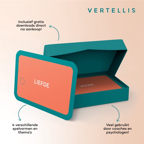 Open doos van Het Kernwaarden Spel van Vertellis met een kaart "LIEFDE" en een kaart "WERK".