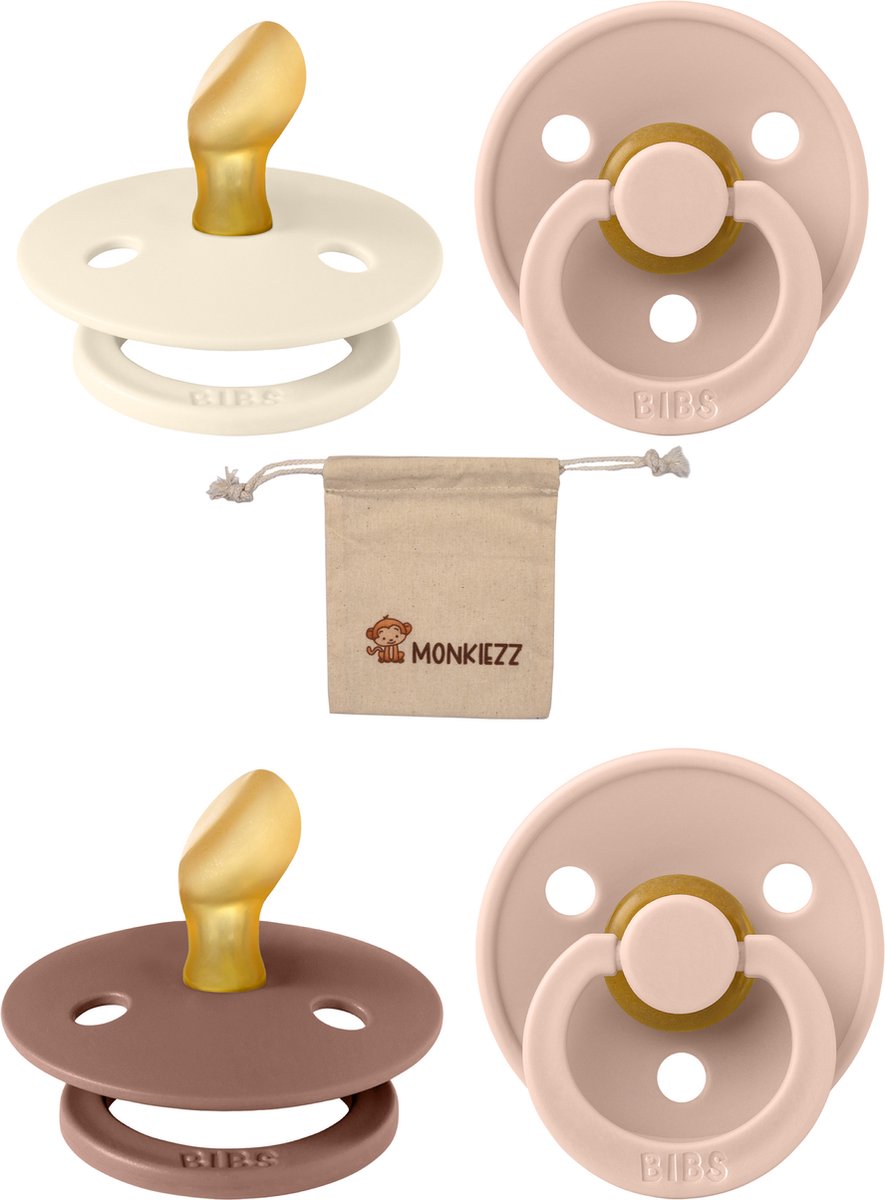 Goedkoopste Bibs Blister | Met Monkiezz Speenzakje - maat 2 6-18 maanden - 4 stuks - Ivory - Blush -Woodchcuk - Blush