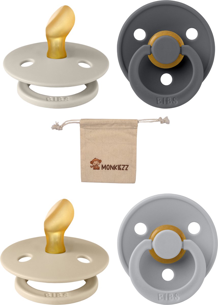 Goedkoopste Bibs Blister Dental| Met Monkiezz Speenzakje - maat 2 6-18 maanden - 4 stuks - Iron - Sand -Vanilla - Cloud - Orthodontisch