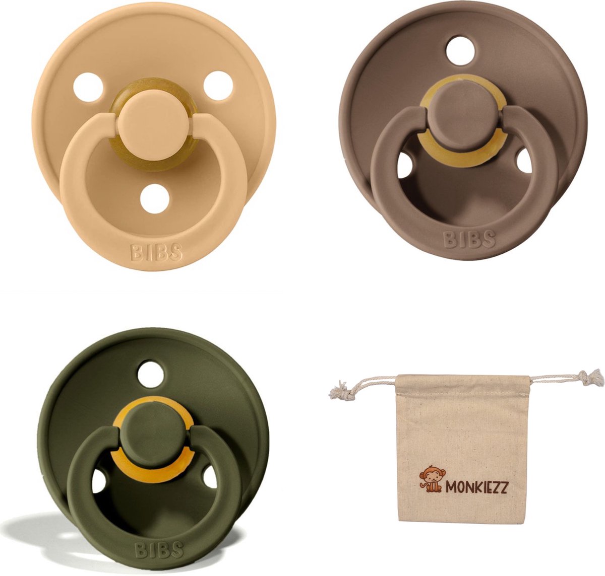 Goedkoopste Bibs fopspeen | Met Monkiezz Speenzakje - maat 1 0-6 maanden - 3 stuks - Desert Sand - Dark Oak - Hunter Green
