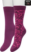 Bonnie Doon Dames Sokken set Donker Paars maat 36/42 - 2 paar - Effen - Bloemen - Print - Gladde Naden - Brede Boord - Uitstekend Draagcomfort - 2-pack - Multipack - Effen - Barock Flower - Paars/Roze - Crushed Violets - OL221505.192