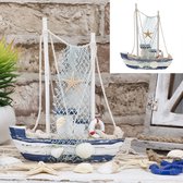 Decoratie houten vissersboot wit-blauw versierd met schelpen16x16x4.5cm
