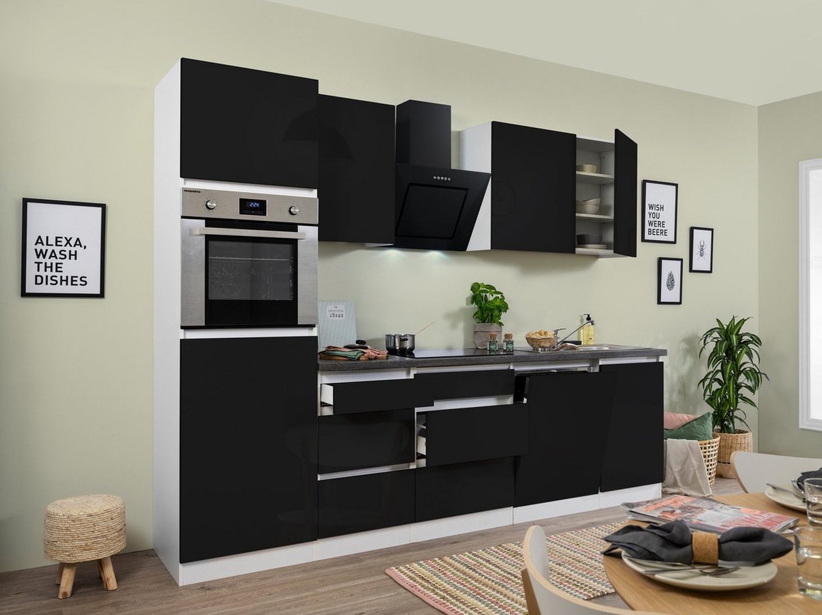 Goedkope keuken 280  cm - complete keuken met apparatuur Lorena  - Wit/Zwart - soft close - keramische kookplaat - vaatwasser - afzuigkap - oven    - spoelbak