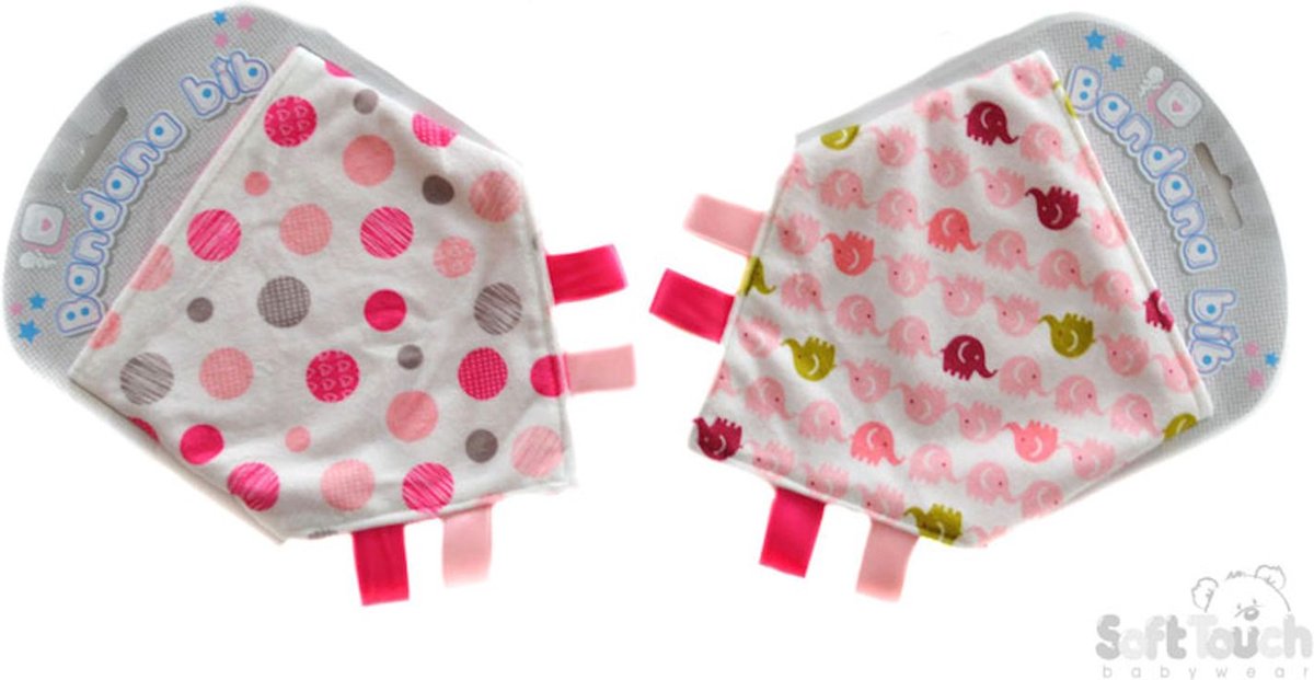 Goedkoopste Soft Touch 2-pack Bandana Slabber Olifant Stippen Flanel Roze 30x30x40 Cm BB358