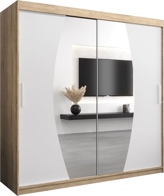 Gesloten kledingkast met twee schuifdeuren, Sonoma eikenhouten frame en glanzend witte fronten met spiegelpaneel.