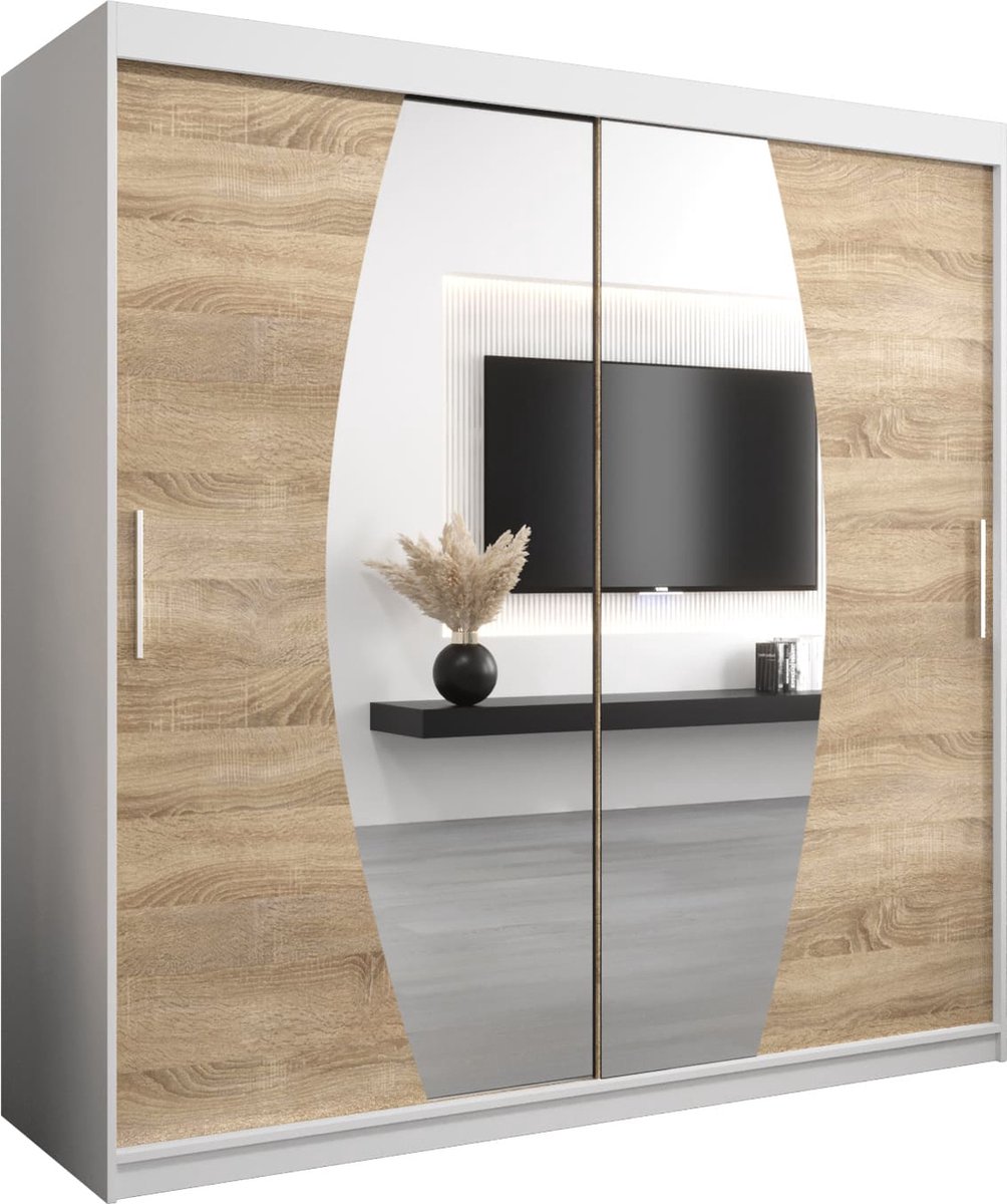 InspireME Kledingkast met 2 schuifdeuren, Modern-stijl, Een kledingkast met planken en een spiegel (BxHxD): 200x200x62 - GLOBE 200 Wit Mat + Sonoma Eik met 4 lades