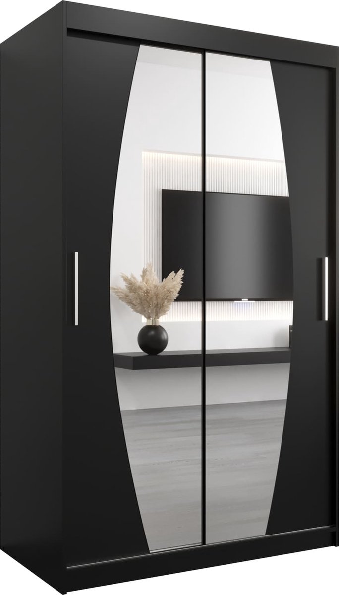 InspireME Kledingkast met 2 schuifdeuren, Modern-stijl, Een kledingkast met planken en een spiegel (BxHxD): 120x200x62 - GLOBE 120 Zwart Mat
