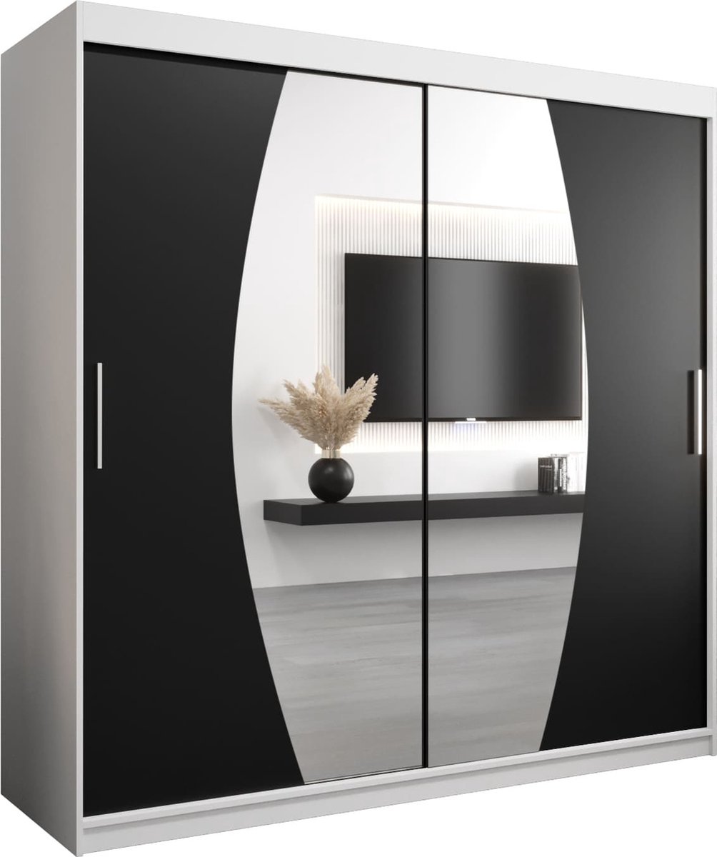InspireME Kledingkast met 2 schuifdeuren, Modern-stijl, Een kledingkast met planken en een spiegel (BxHxD): 200x200x62 - GLOBE 200 Wit Mat + Zwart