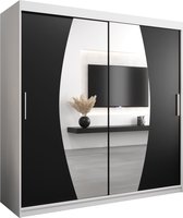 InspireMe - Kledingkast met 2 schuifdeuren, Modern-stijl, Een kledingkast met planken en een spiegel (BxHxD): 200x200x62 - GLOBE 200 Wit Mat + Zwart