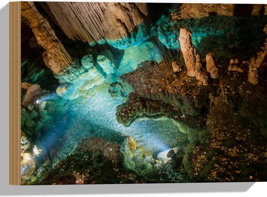 WallClassics - Bois - Illuminé Water dans une Grotte - 40x30 cm - 12 mm d'épaisseur - Photo sur Bois (Avec Système d'accrochage)