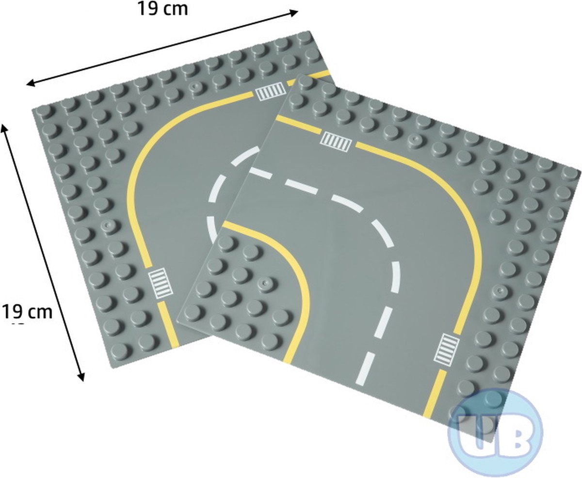 Uniblocks | Wegenplaat bocht - 19 x 19 cm - 2 stuks | 2 stuks | Bouwplaat geschikt voor Duplo |wegen | stad | city | wegplaat | auto’s | combineer met DUPLO wegenplaten | bouwplaten