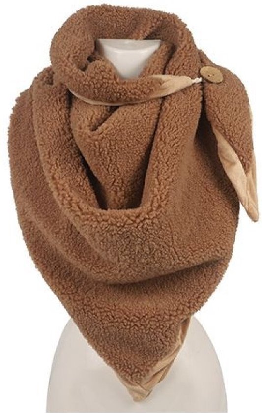 Vachtsjaal Nila - Teddy - Omslagdoek - Sjaal met knoop - Camel - 2 zijden draagbaar