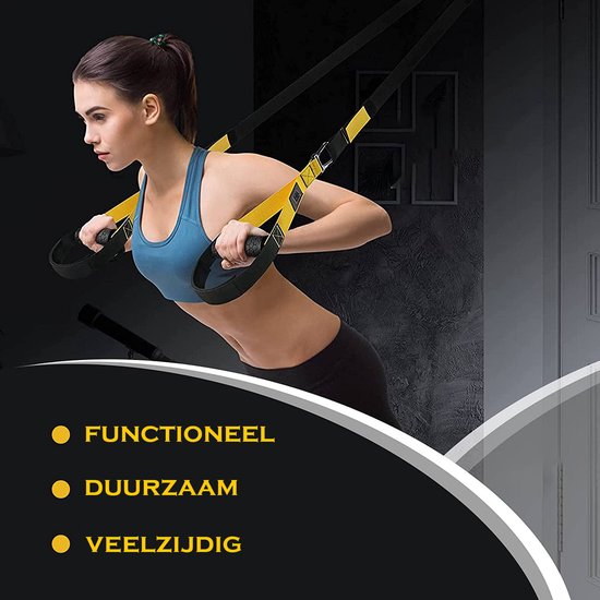 MJ Sports Premium TRX Suspension Trainer - Complete TRX Training set - Resistance Band - Weerstandsbanden - Calisthenics - Full Body Workout - Inclusief Draagtas - Fitness - Zwart/Geel