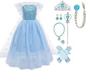 Prinsessenjurk Meisje - Luxe Verkleedjurk - maat 92/98 (100) - Tiara - Kroon - Toverstaf - Lange Handschoenen - Juwelen - Verkleedkleren Meisje - Prinsessen Verkleedkleding - Carnavalskleding Kinderen - Blauw - Cadeau Meisje