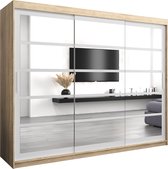InspireMe - Kledingkast met 3 schuifdeuren, Modern-stijl, Een kledingkast met planken en een spiegel (BxHxD): 250x200x62 - VENEZIA II 250 Sonoma Eik + Wit Mat mat 4 lades