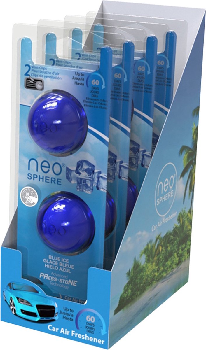 Neo-Sphere, Autoparfum – Cool Ice/Blauw – 4x duopack (8 stuks) – Luchtverfrisser voor het ventilatierooster van de auto – Compact autogeurtje 60 dagen fris