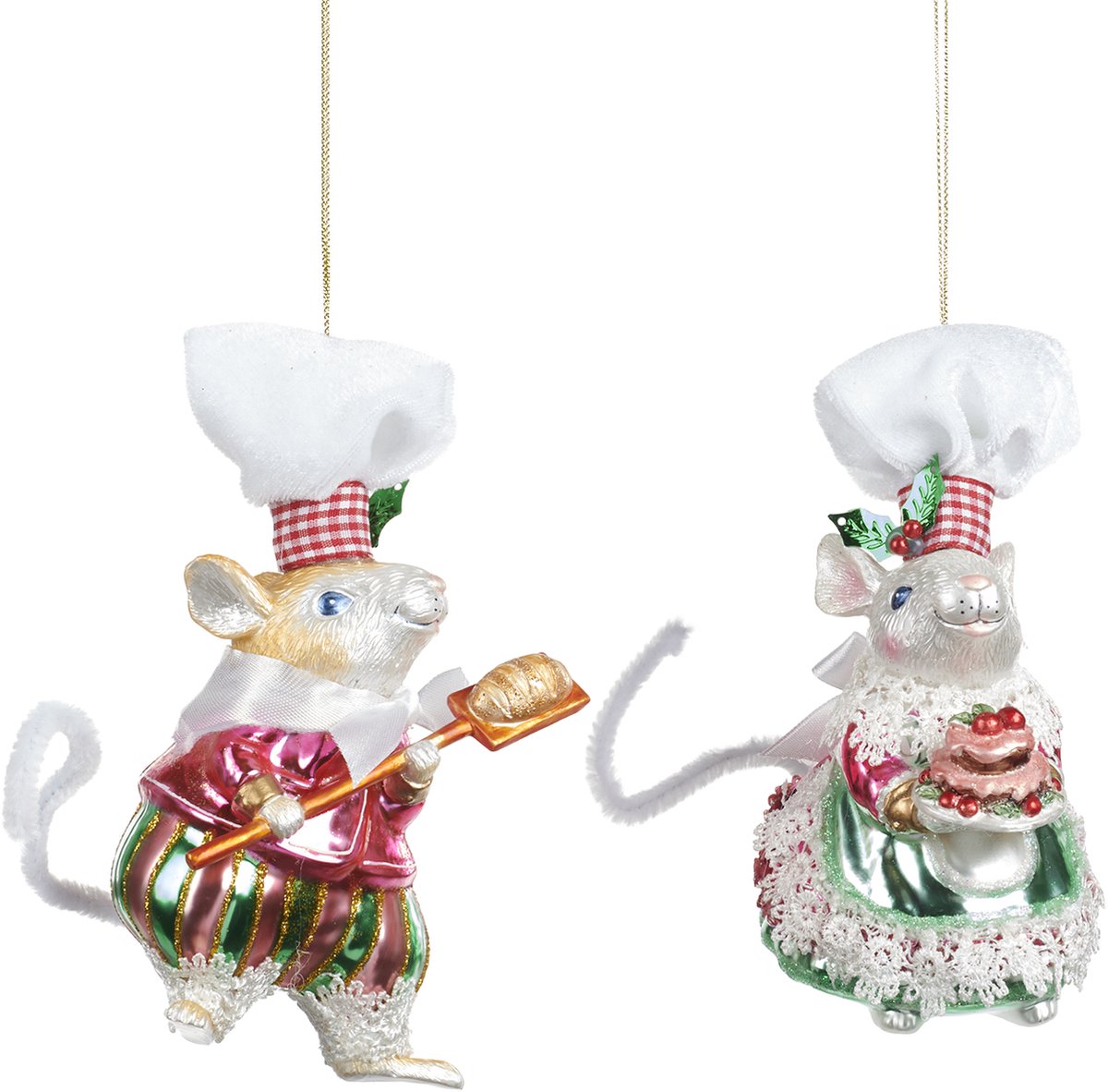 Viv! Christmas Kerstornament - Banketbakker Muisjes - set van 2 - glas - roze groen wit - 14cm