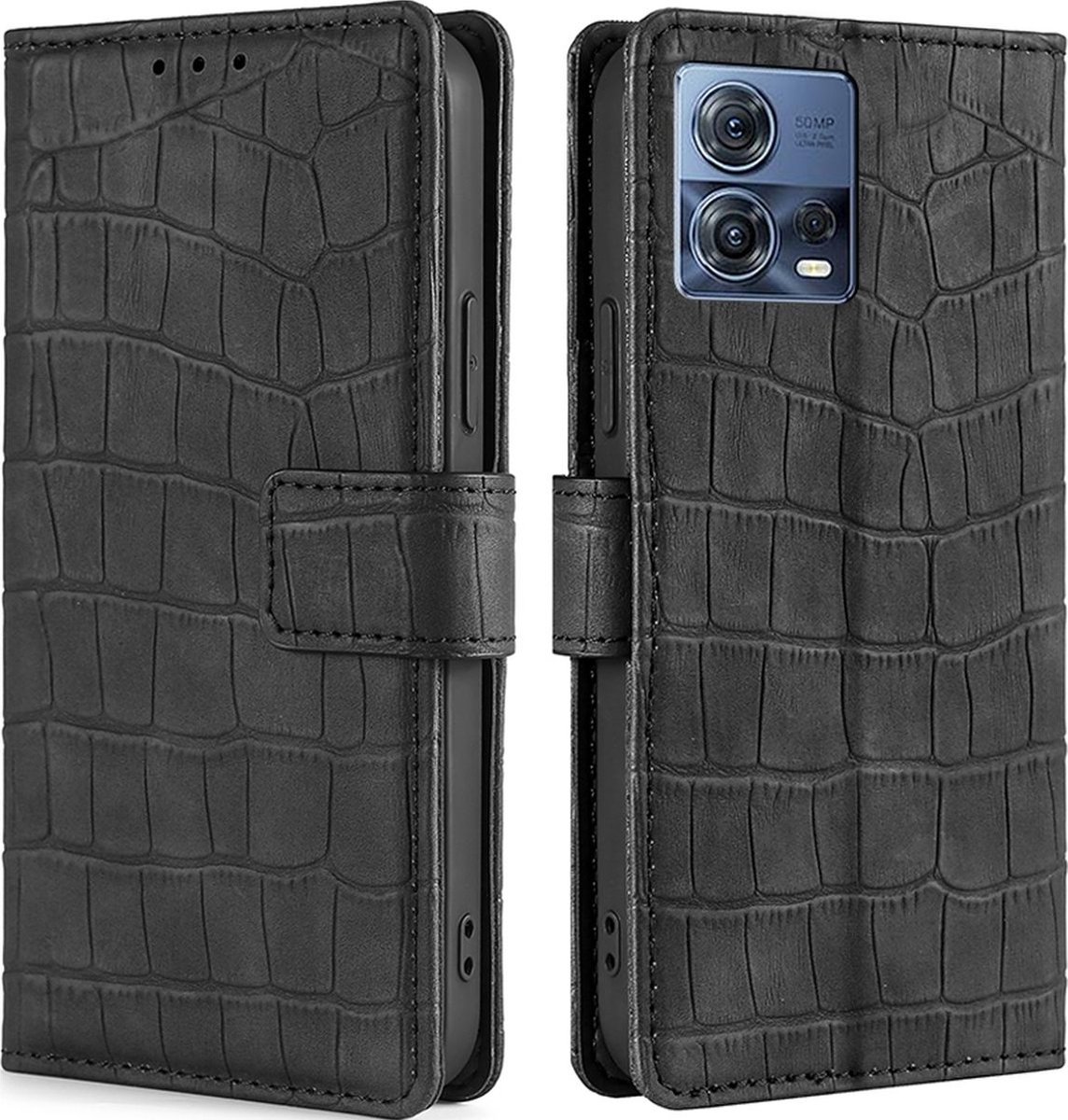 Mobigear Telefoonhoesje geschikt voor Motorola Edge 30 Fusion Hoesje | Mobigear Croco Bookcase Portemonnee | Pasjeshouder voor 3 Pasjes | Telefoonhoesje voor Pinpas / OV Kaart / Rijbewijs - Zwart