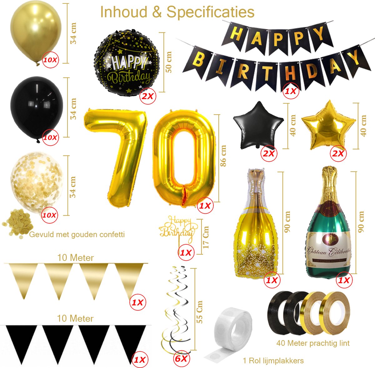 70 Jaar Feest Verjaardag Versiering Confetti Helium Ballonnen Slingers Happy Birthday Goud & Zwart Decoratie – 60 Stuks — afbeelding 2