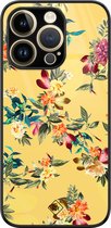 Casimoda® hoesje - Geschikt voor iPhone 14 Pro - Bloemen geel flowers - Luxe Hard Case Zwart - Backcover telefoonhoesje - Geel