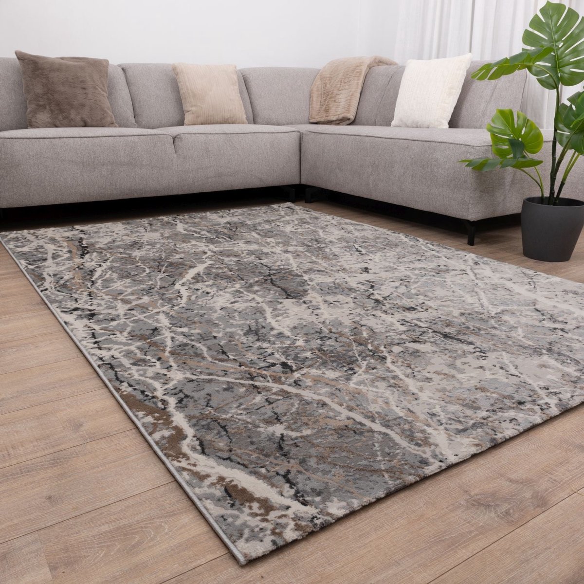 Grijs met Beige Tapijt Laagpolig Vloerkleed Koho Impressive - 80x150cm- Modern - Woonkamer - Salon - Slaapkamer - Eetkamer