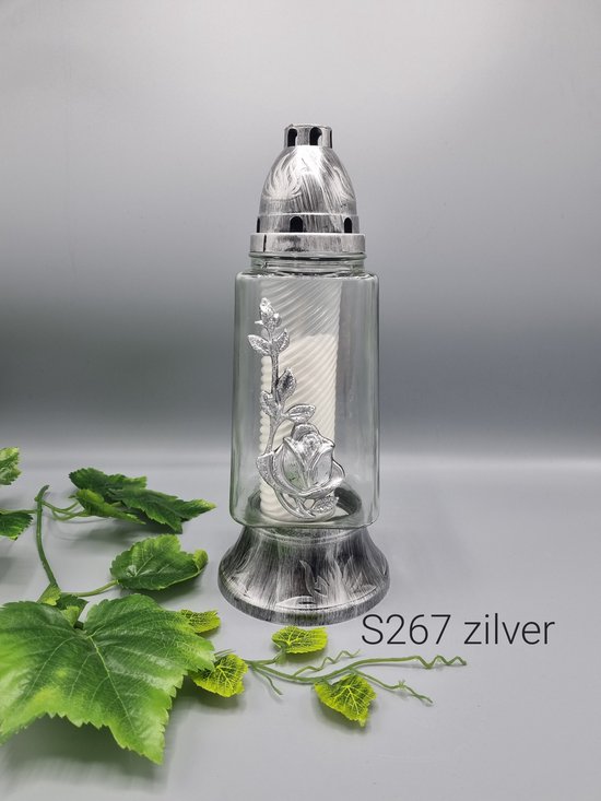Herdenkingslicht - S267 - Zilver - Glas - Roos - Grafkaars - Graflicht - Graflantaarn - Windlicht