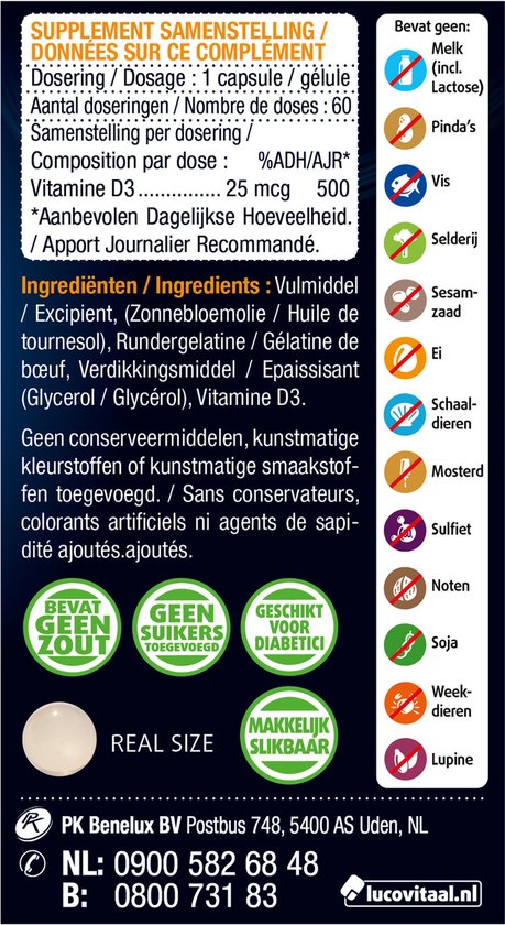 Achterkant van de verpakking met ingrediënten, dosering en waarschuwingen voor Lucovitaal Vitamine D3.