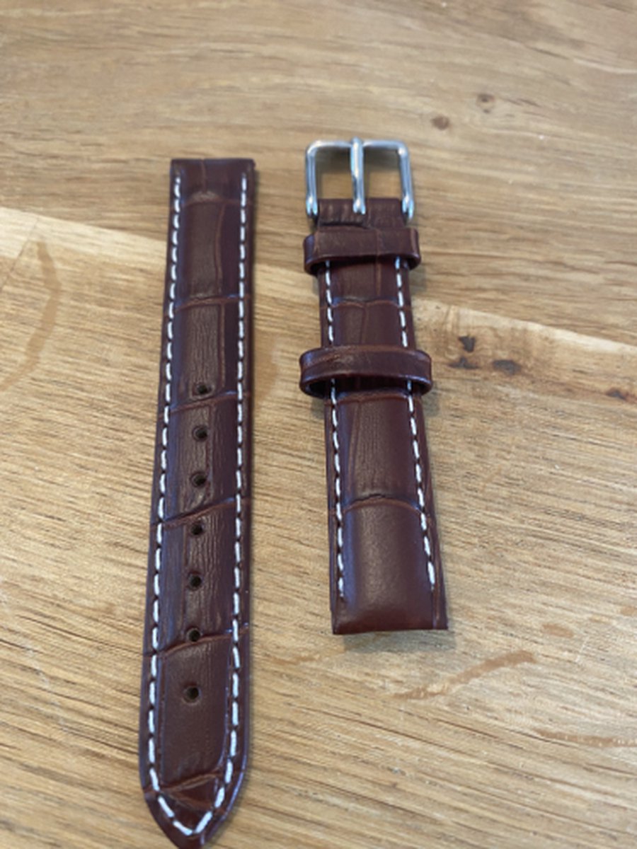 Horlogeband -Dames-14 mm-donkerbruin-juweliers kwaliteit-mooie klassieke band met wit stiksel-