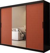 InspireMe - Kledingkast met 3 schuifdeuren, Modern-stijl, Een kledingkast met planken en een spiegel (BxHxD): 250x200x62 - PASTEL T1 250 Zwart Mat + Salsa met 4 lades