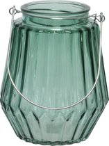 Decoris Waxinelichthouder - streepjes glas - zeegroen - metalen handvat - 11 x 13 cm