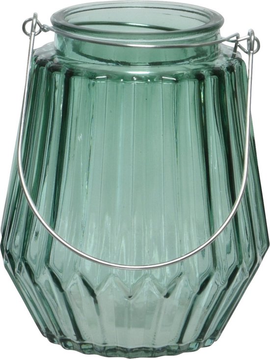 Decoris Waxinelichthouder - streepjes glas - zeegroen - metalen handvat - 11 x 13 cm