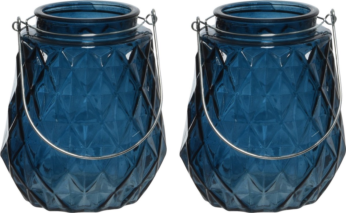 Decoris 2x stuks theelichthouders/waxinelichthouders ruitjes glas donkerblauw met metalen handvat 11 x 13 cm - Windlichtjes/kaarsenhouders