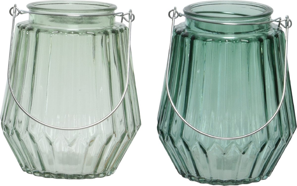 Decoris Set van 2x stuks theelichthouders/waxinelichthouders streep glas zeegroen en mistgroen met metalen handvat 11 x 13 cm
