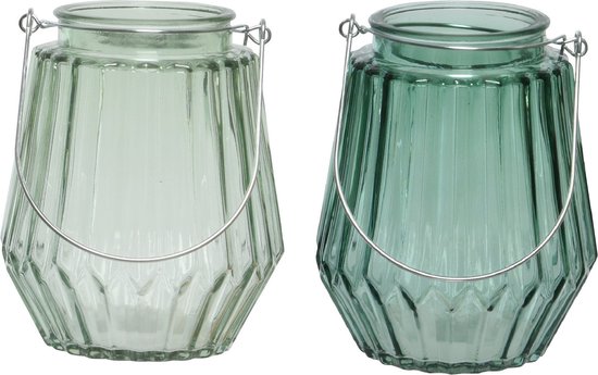 Set van 2x stuks theelichthouders/waxinelichthouders streep glas zeegroen en mistgroen met metalen handvat 11 x 13 cm