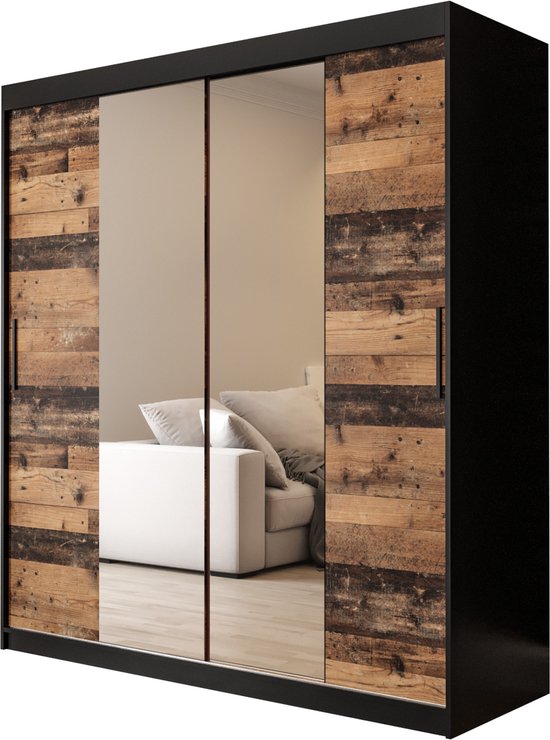 InspireMe - Kledingkast met 2 schuifdeuren, Modern-stijl, Een kledingkast met planken en een spiegel (BxHxD): 180x200x62 - ALTER T1 180 Zwart Mat + Oude Stijl Hout met 4 lades