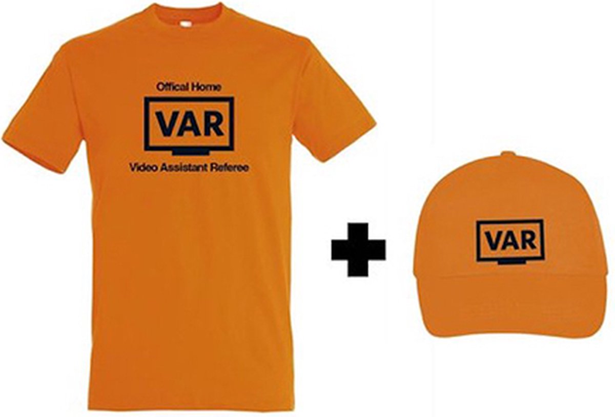 Oranje WK 2022 voetbal T-shirt met “ Offical Home VAR + Oranje Cap “ print Zwart maat M
