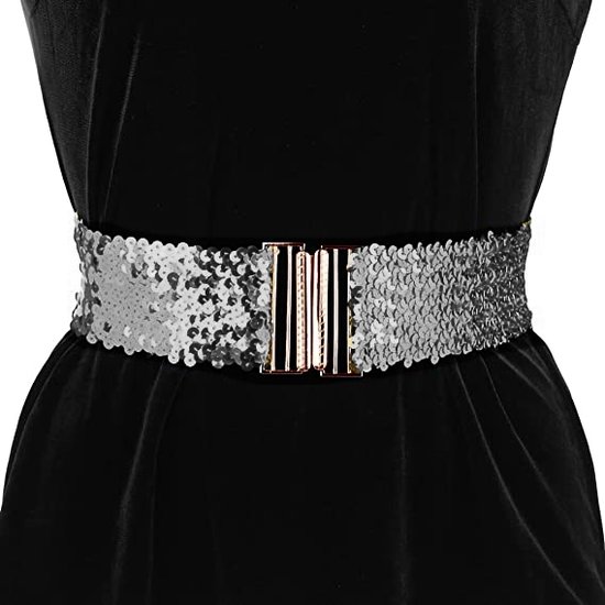 Ceinture Scintillante Argent | Sequins / Paillettes Glitter | 65 - 95cm | Ceinture élastique | Mode Favorite