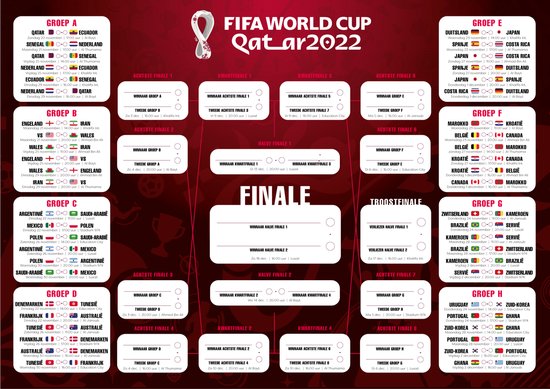 WK 2022 Speelschema A1 formaat rood | Oranje versiering | Poster | WK2022  Qatar | bol