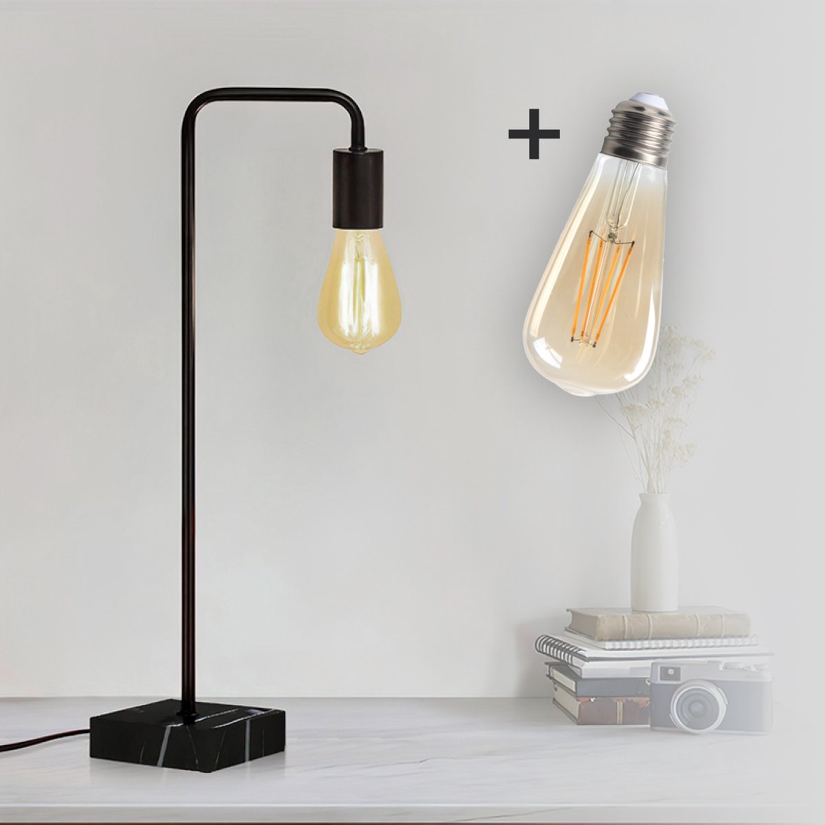 Lumefy LED Bureaulamp Marmer - Inclusief LED Lamp - Dimbaar - Tafellamp - Zwart