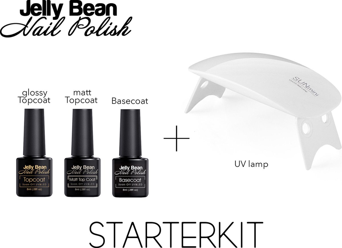 Jelly Bean Nail Polish Starterkit 6W - Premium UV nagellamp voor gel nagellak - Base Coat - 2 Top Coat
