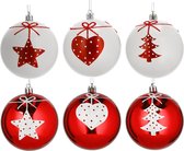 Boules de Boules de Noël Cepewa - 6 pièces - décorées - rouge - blanc - synthétique - 6 cm