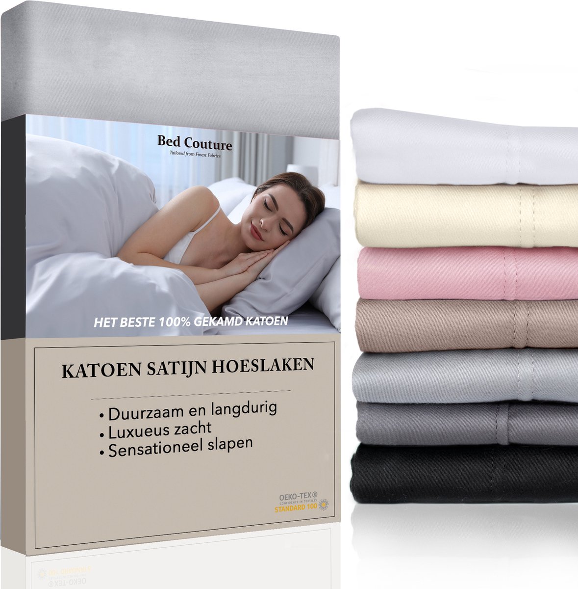 Bed Couture Satijnen Hoeslaken 100% Katoen Satijn - Zilver Grijs - 100x200cm - Hoekhoogte 32cm - Super Zacht - 5 Sterrenhotel Kwaliteit