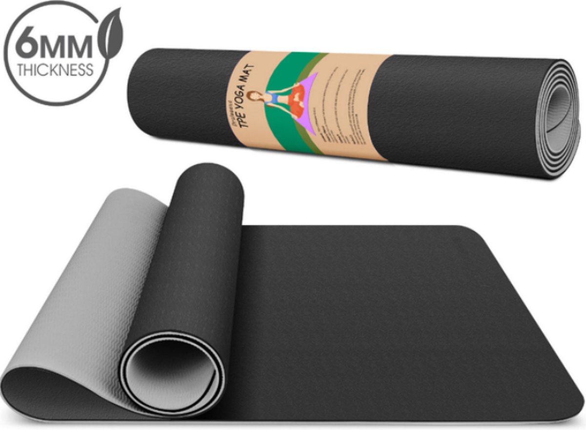 Dralegend antislip yogamat - Zwart - met blaadjes print ,gemaakt van TPE met extra dik (6mm) - Sportmat Fitness Mat Duurzaam Zwart- hypoallergene yogamat met draagband - 183 cm x 66 cm x 0,6 cm