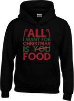 Hoodie - All I Want For Christmas Is Food - Kerst - Foute Kerst Trui - Tekst - Zwart - Unisex - Maat XS
