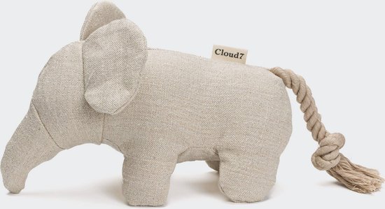Beige stoffen olifant met een touw als staart en een Cloud7 label.