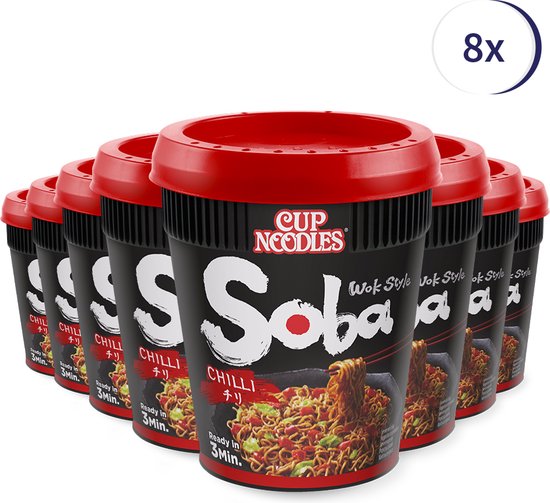 Nissin Soba Cup Chilli 92g - 8 stuks - Noodles - Snacks - Maaltijd - Voordeelverpakking