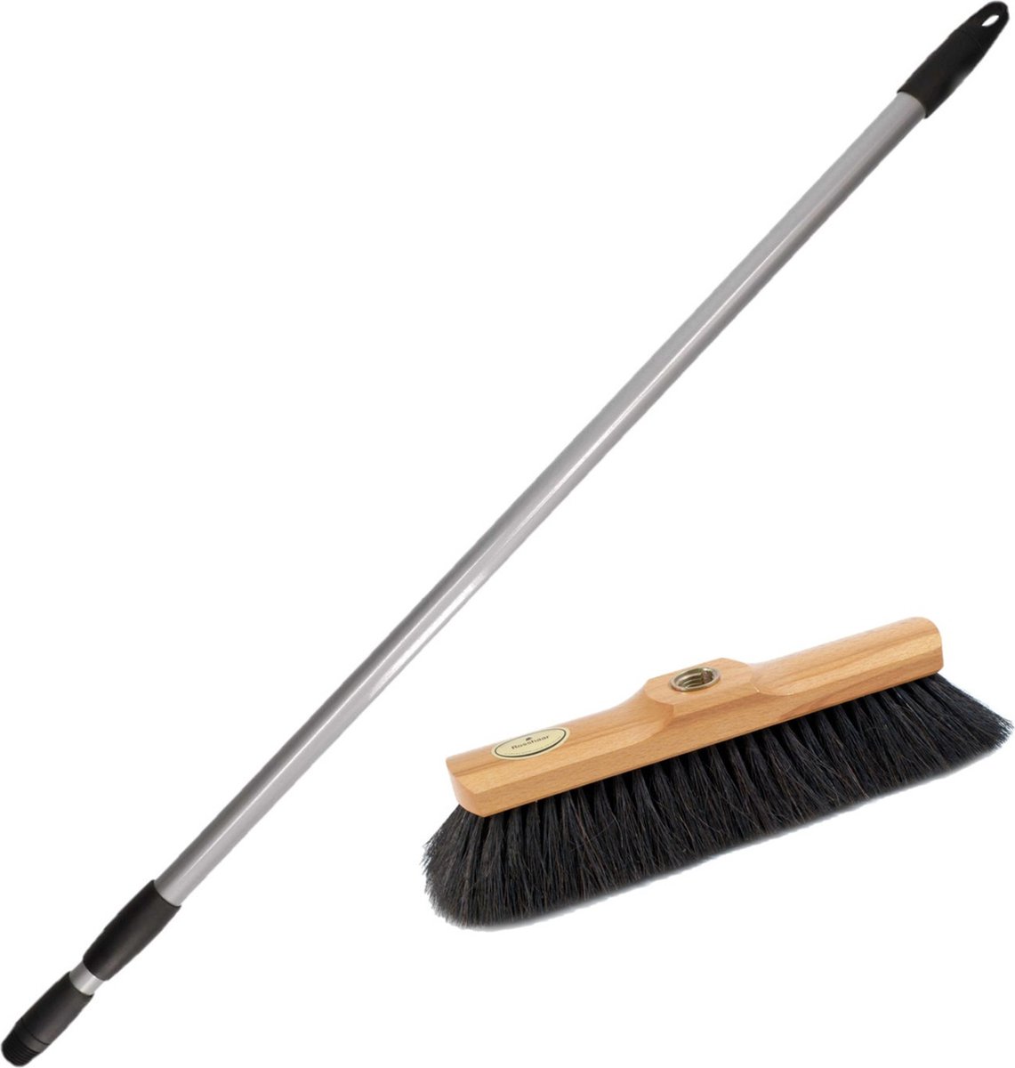 Goedkoopste Binnen bezem zwart paardenhaar inclusief metalen telescoopsteel grijs 130 cm - Zachte bezems