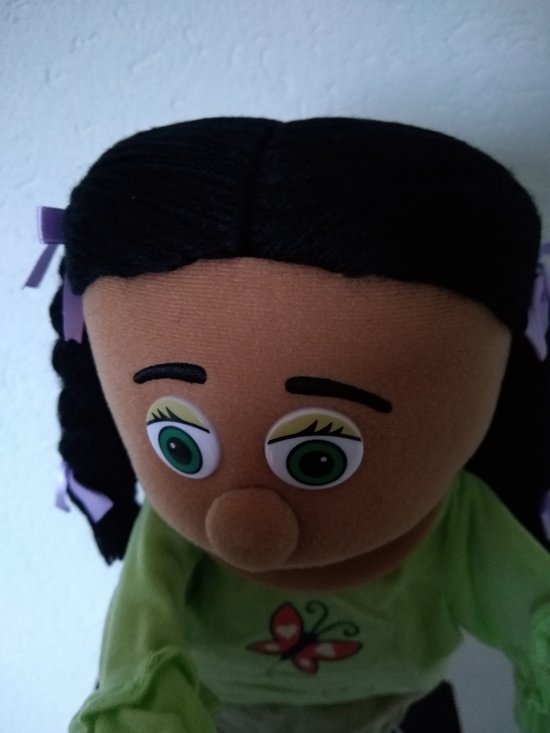 Poppenhoofd met grote groene ogen, zwarte vlechten, paarse strikjes, groen shirt met vlinder.