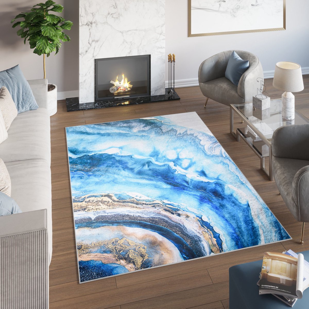 Tapiso Toscana Vloerkleed Blauw Gouden Abstract Golven Tapijt Maat- 80x150